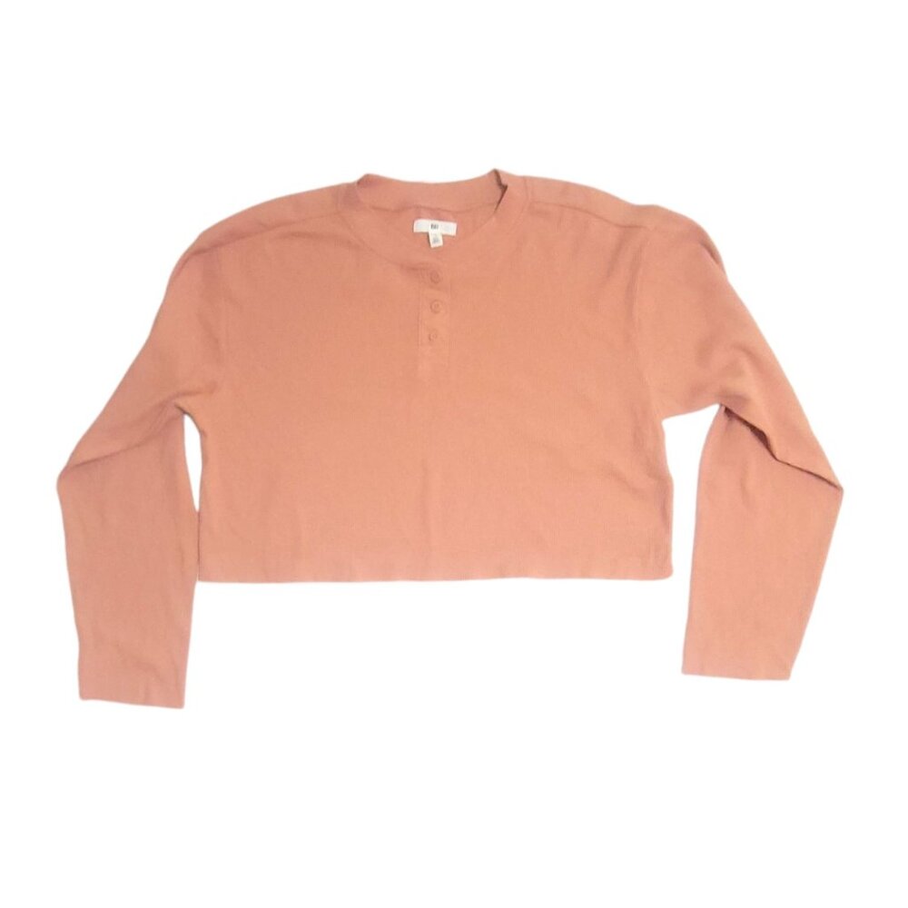 BP Pink Dawn Long Sleeve Henley Cropped Top Size M Thermal Waffle Layering